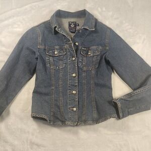 Façonnable Jacket Womens XS Blue Denim Jean Stretch Button Front Slim Fit